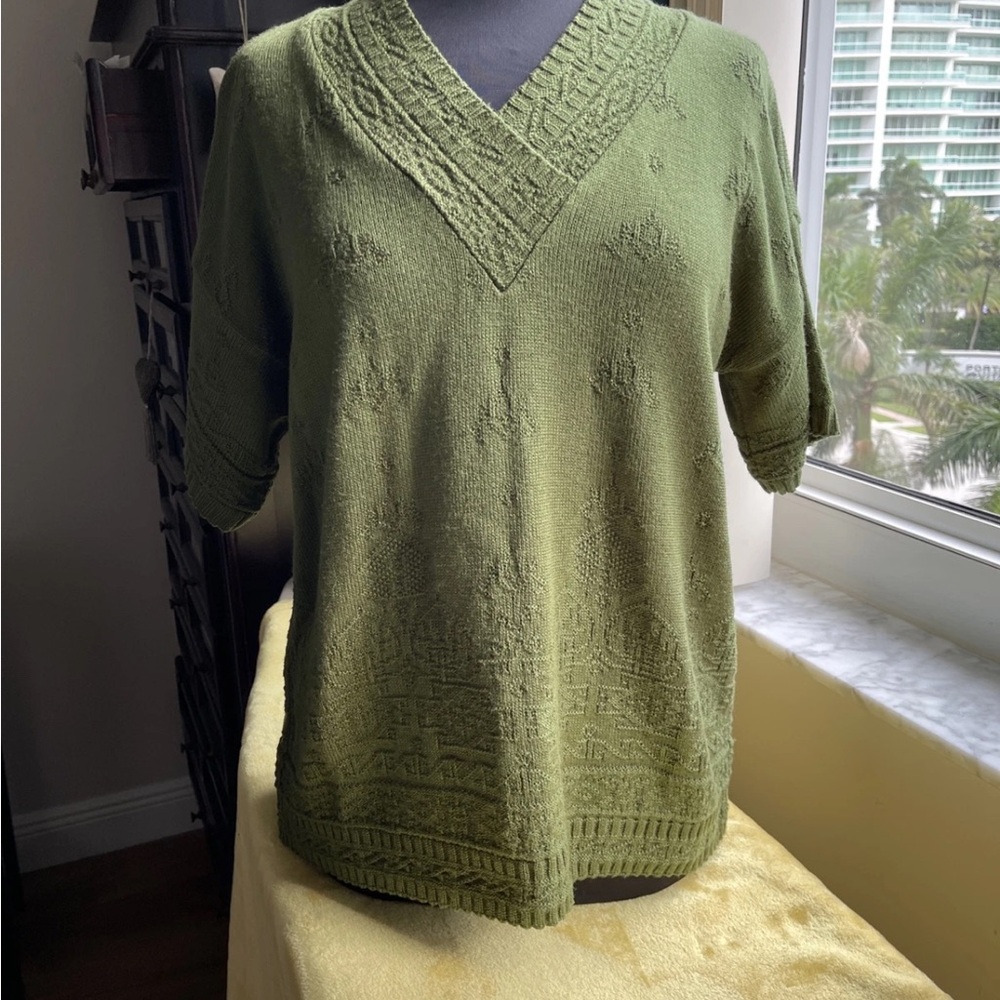 Vintage 70's Made In USA Kenneth Too Olive  Knit Short Sleeve Sweater  Large